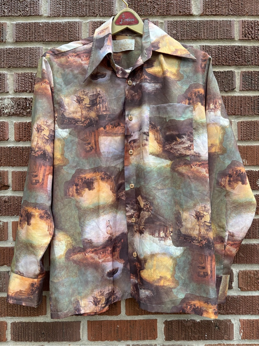 SEARS Kings Road Men 15.5 Boats Scenic Print Mod Disco Vintage Long Sleeve Shirt